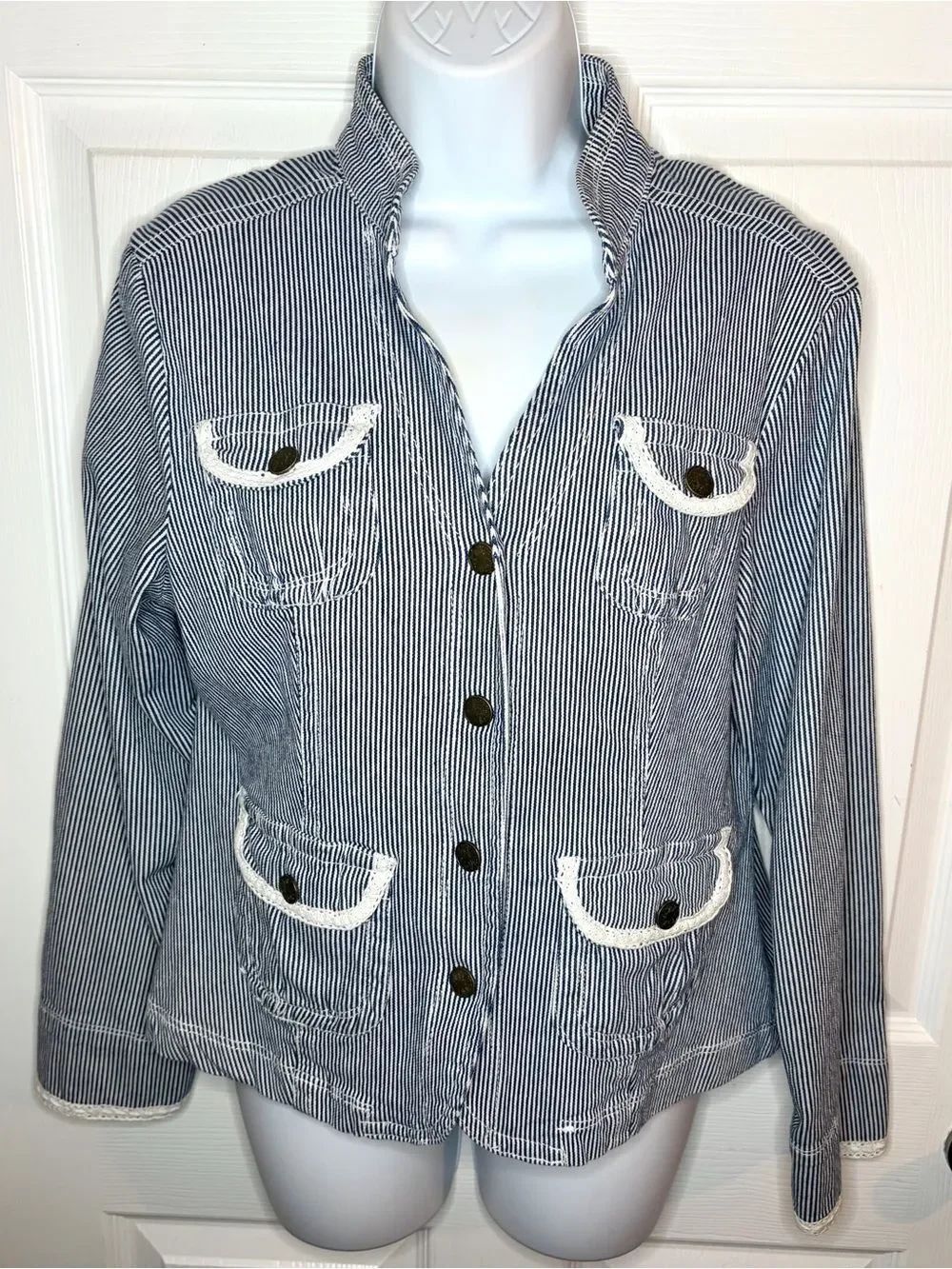 Y2K Ami Blue Striped Cotton Denim Jacket Blazer Pocket Lace Details S - Picture 2 of 9